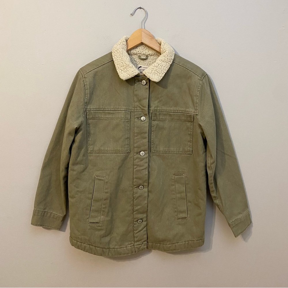 Stoosh Vintage Denim Sherpa lined olive green Jacket size S